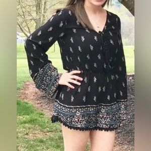 Xhilaration Size XS Long Sleeve Black Floral Romper